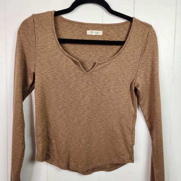 Madewell Long Sleeve Cropped Henley Shirt Brown Womens Size XS Casual Minimalist - Picture 3 of 7